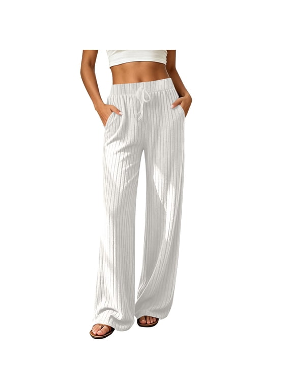 Ribbed Knit Wide Leg Pants for Women High Waisted Drawstring Elastic Waist Side Pockets Loose Solid Stretch Fall Casual Everyday Wear