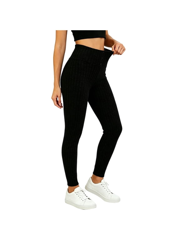 Ribbed Leggings for Women Soft Brushed Thermal Stretch Elastic Waist Button Detail Fall Winter Cold Morning Commute Under Coats Campus