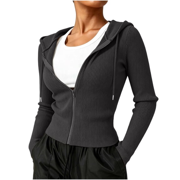 QIYAGBSA Ribbed Zip Up Hoodies for Women Slim Fit Long Sleeve Hooded Jacket with Drawstring Stretch Knit for Cool Fall Winter Days