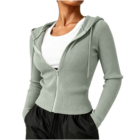 QIYAGBSA Ribbed Zip Up Hoodies for Women Slim Fit Long Sleeve Hooded Jacket with Drawstring Stretch Knit for Cool Fall Winter Days