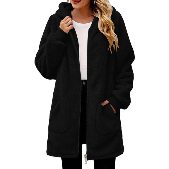 QIYAGBSA Sherpa Fleece Jackets for Women Hooded Full Zip Fuzzy Plush Long Sleeve Mid Length Coats with Patch Pockets Fall Winter Warm Outerwear