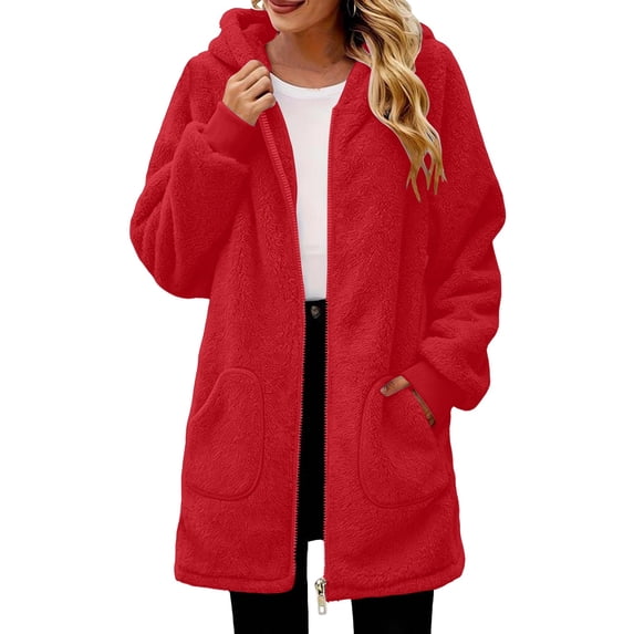 QIYAGBSA Sherpa Fleece Jackets for Women Hooded Full Zip Fuzzy Plush Long Sleeve Mid Length Coats with Patch Pockets Fall Winter Warm Outerwear
