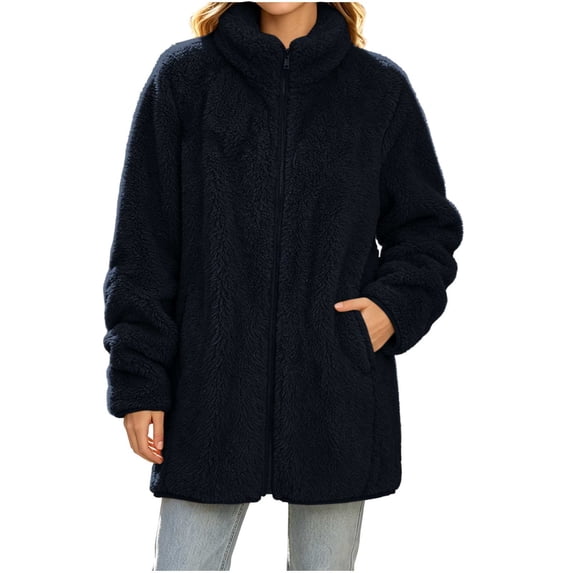 QIYAGBSA Sherpa Fleece Jackets for Women Stand Collar Full Zip Oversized Fuzzy Plush Long Sleeve Coats with Pockets Fall Winter Warm Outerwear