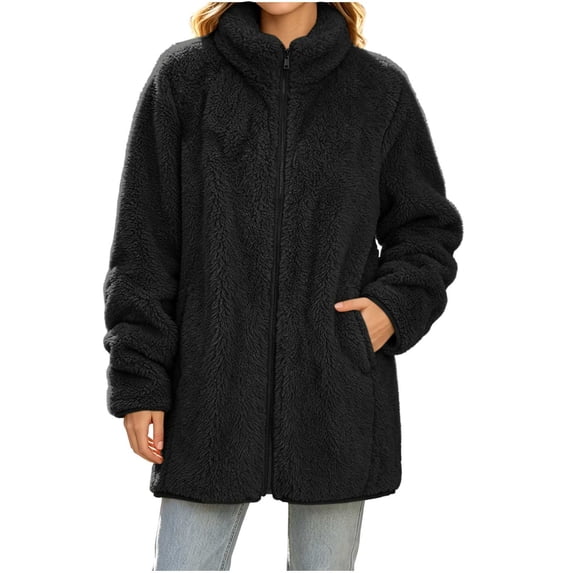 QIYAGBSA Sherpa Fleece Jackets for Women Stand Collar Full Zip Oversized Fuzzy Plush Long Sleeve Coats with Pockets Fall Winter Warm Outerwear