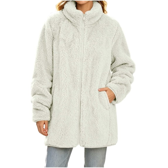 QIYAGBSA Sherpa Fleece Jackets for Women Stand Collar Full Zip Oversized Fuzzy Plush Long Sleeve Coats with Pockets Fall Winter Warm Outerwear