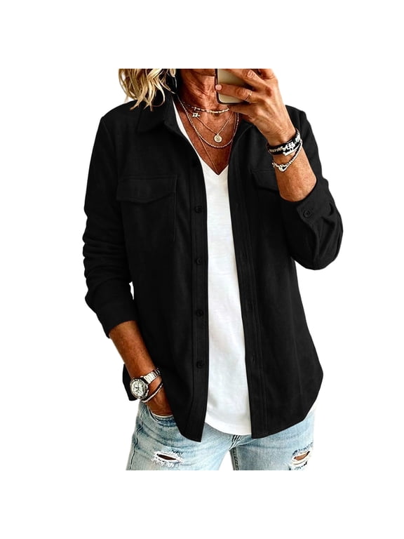 Shirt Jackets for Women Button Down Turn Down Collar Dual Chest Pockets Long Sleeve Brushed Polyester Oversized Shacket Fall Casual Coat
