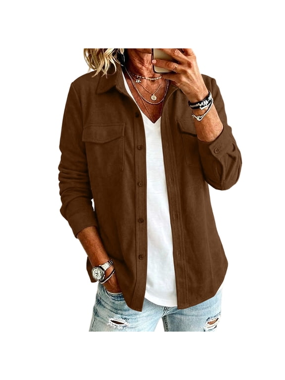 Shirt Jackets for Women Button Down Turn Down Collar Dual Chest Pockets Long Sleeve Brushed Polyester Oversized Shacket Fall Casual Coat