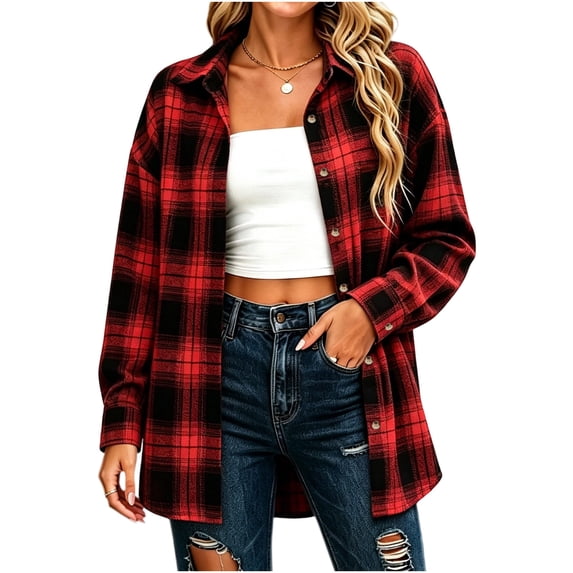 QIYAGBSA Shirts for Women Plaid Button Down Collared Long Sleeve Relaxed Fit Fall Casual (Red, L)