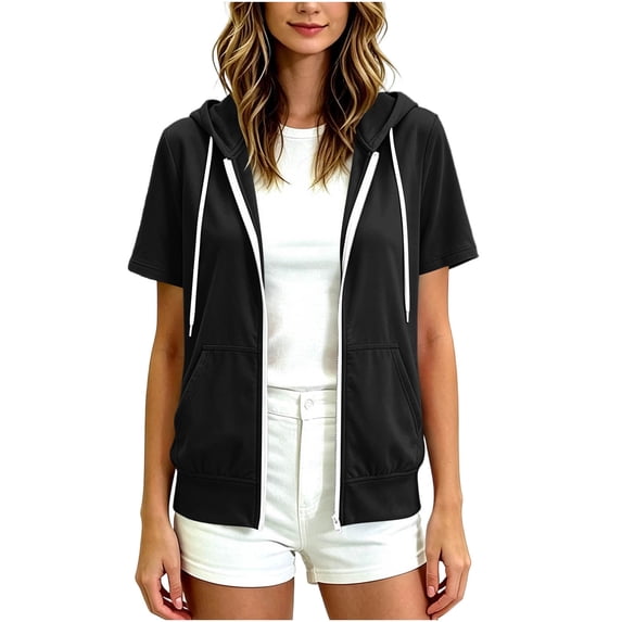 QIYAGBSA Short Sleeve Hoodie for Women Soft Zip Up Drawstring Hood Lightweight Casual Top Spring Summer Daily Wear Outdoor Walks Travel with Pockets