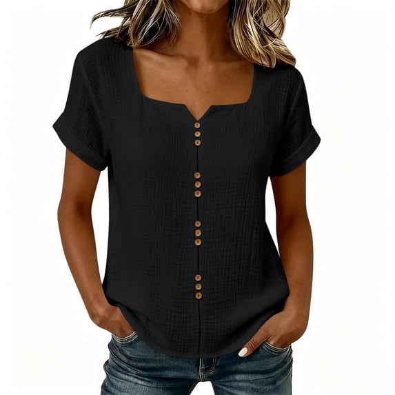 QIYAGBSA Short Sleeve Top for Women Square Neck Decorative Button Front Relaxed Fit Summer Daily Wear (Black XL)