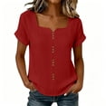 thumbnail image 1 of QIYAGBSA Short Sleeve Top for Women Square Neck Decorative Button Front Relaxed Fit Summer Daily Wear (Red S), 1 of 9