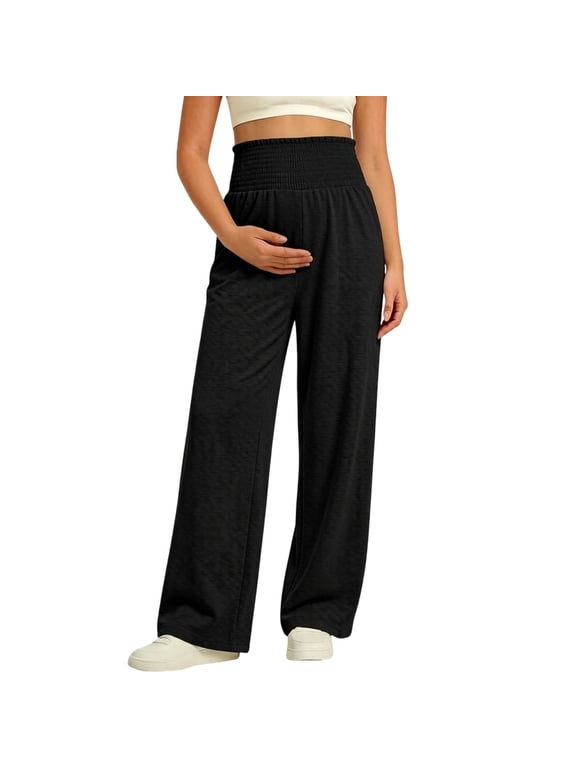 Smocked Maternity Pants for Women Over the Belly Wide Leg Full Length Stretch Solid Fall Winter Casual Pregnancy Trousers