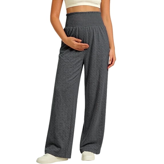 QIYAGBSA Smocked Maternity Pants for Women Over the Belly Wide Leg Full Length Stretch Solid Fall Winter Casual Pregnancy Trousers