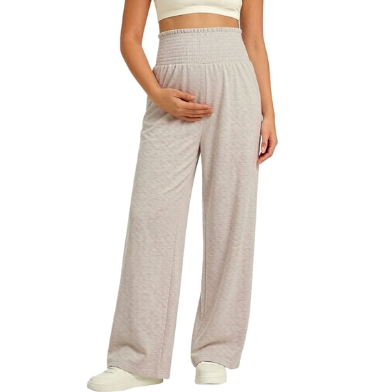 QIYAGBSA Smocked Maternity Pants for Women Over the Belly Wide Leg Full Length Stretch Solid Fall Winter Casual Pregnancy Trousers