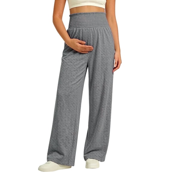 QIYAGBSA Smocked Maternity Pants for Women Over the Belly Wide Leg Full Length Stretch Solid Fall Winter Casual Pregnancy Trousers