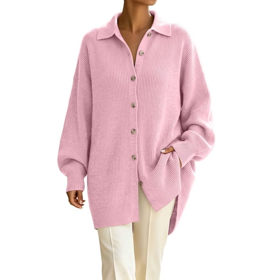 QIYAGBSA Soft Cardigan Sweaters for Women Ribbed Knit Button Down Lapel Collar Loose Mid Length Long Sleeve with Pockets Fall Winter Layer