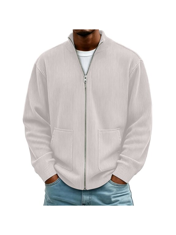 Soft Corduroy Jackets for Men Full Zip Stand Collar Long Sleeve Loose Fit with Patch Pockets Ribbed Cuff Casual Fall Outerwear
