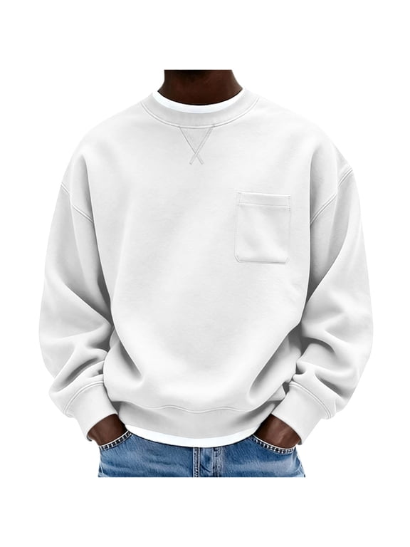 Soft Crewneck Sweatshirts for Men Long Sleeve Loose Fit Drop Shoulder with Chest Pocket Casual Fall Winter Everyday Outdoor Pullover Tops