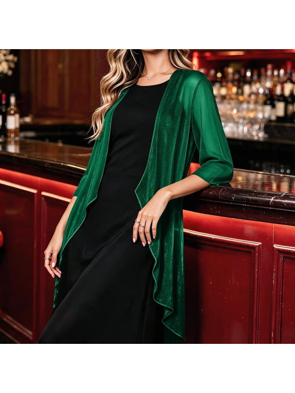 Soft Mesh Cardigans for Women Shiny Open Front Long Duster Elbow Length Sleeve Sheer Party Evening Cover Up for Dresses Holiday Shrugs & Boleros