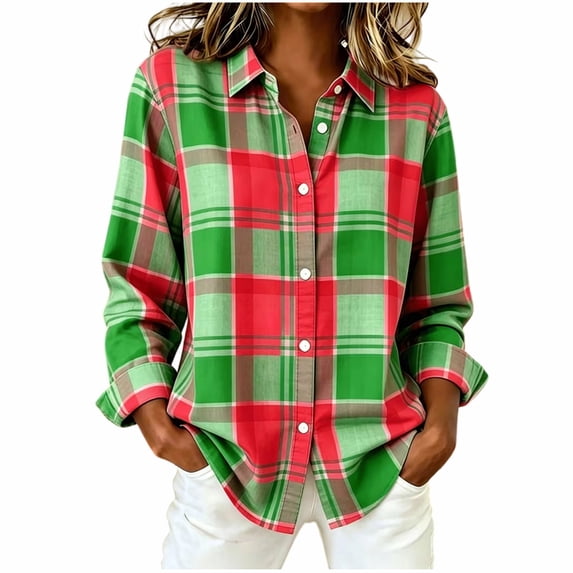 QIYAGBSA Soft Plaid Button Down Shirts for Women Long Sleeve Collared Cotton Blend Dressy Casual Office Work Tops