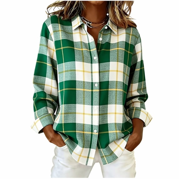 QIYAGBSA Soft Plaid Button Down Shirts for Women Long Sleeve Collared Cotton Blend Dressy Casual Office Work Tops