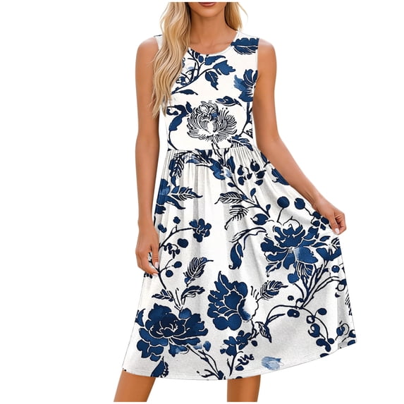 QIYAGBSA Soft Print Dresses for Women Sleeveless Round Neck A Line Pocket Floral Midi Summer Casual