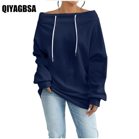 QIYAGBSA Spring Fall Tops for Women's Off Shoulder Hoodless Sweatshirts Loose Lightweight Clothes Women Fall Casual Drawstring Pullover Sweatshirts(Navy,M)