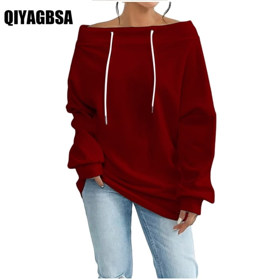 QIYAGBSA Spring Fall Tops for Women's Off Shoulder Hoodless Sweatshirts Loose Lightweight Clothes Women Fall Casual Drawstring Pullover Sweatshirts(Red,2XL)