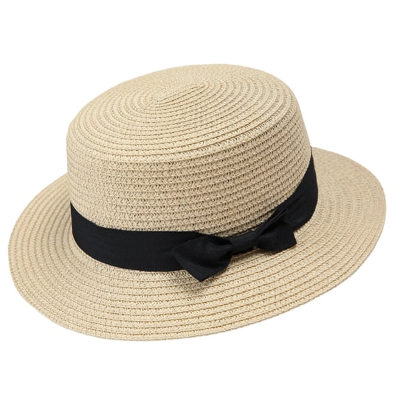 QIYAGBSA Straw Hats for Women Flat Top Wide Brim Bow Detail Summer Beach Vacation (Beige Free Size)