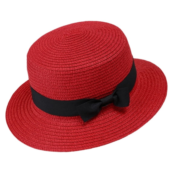 QIYAGBSA Straw Hats for Women Flat Top Wide Brim Bow Detail Summer Beach Vacation (Red Free Size)