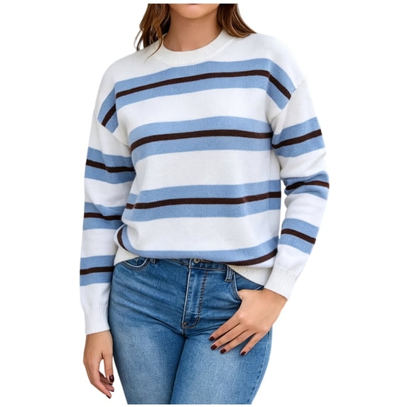 QIYAGBSA Striped Sweater for Women Round Neck Long Sleeve Relaxed Fit Casual Fall Winter Pullover (Blue L)