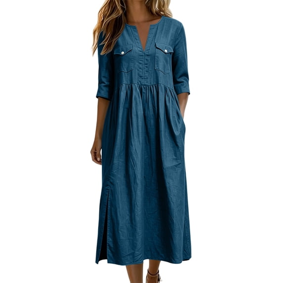 QIYAGBSA Summer Dresses for Women Cotton Linen 3/4 Sleeve Relaxed Fit Midi Dress with Pockets and Side Slits Casual Vacation (Navy, XL)