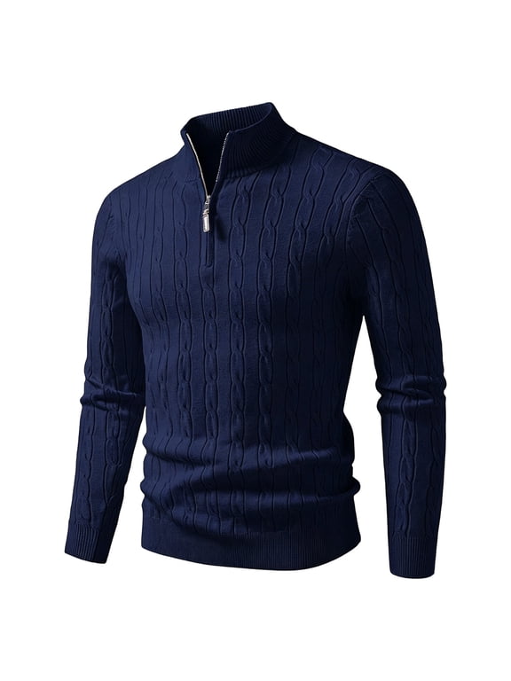 Sweater for Men Quarter Zip Cable Knit Pullover Slim Fit Long Sleeve Casual Fall Winter Top (Navy L)
