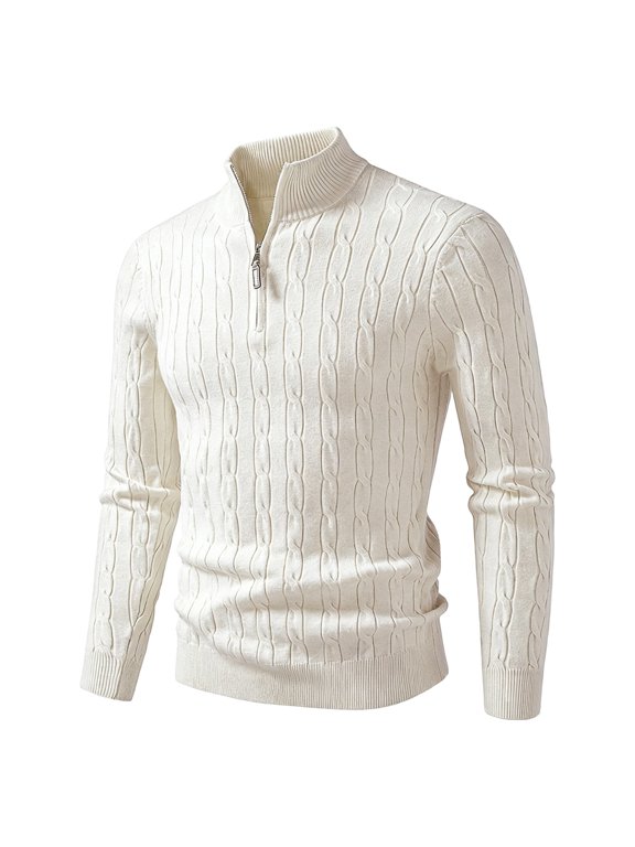 Sweater for Men Quarter Zip Cable Knit Pullover Slim Fit Long Sleeve Casual Fall Winter Top (White L)