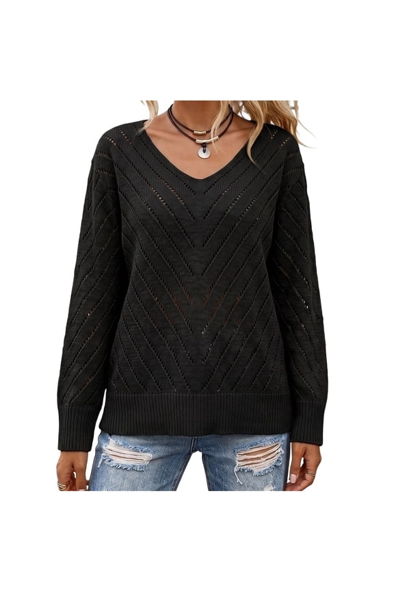 Sweater for Women V Neck Pointelle Knit Long Sleeve Relaxed Fit Casual Fall Winter Top (Black L)
