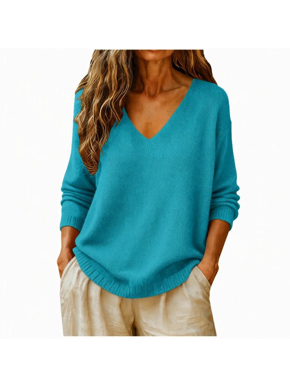 Sweaters for Women Deep V Neck Ribbed Knit Long Sleeve Loose Oversized Pullover Solid Color Fall Winter Tops for Cool Days and Weekend Outfits