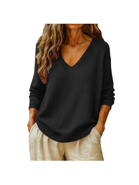 Sweaters for Women Deep V Neck Ribbed Knit Long Sleeve Loose Oversized Pullover Solid Color Fall Winter Tops for Cool Days and Weekend Outfits
