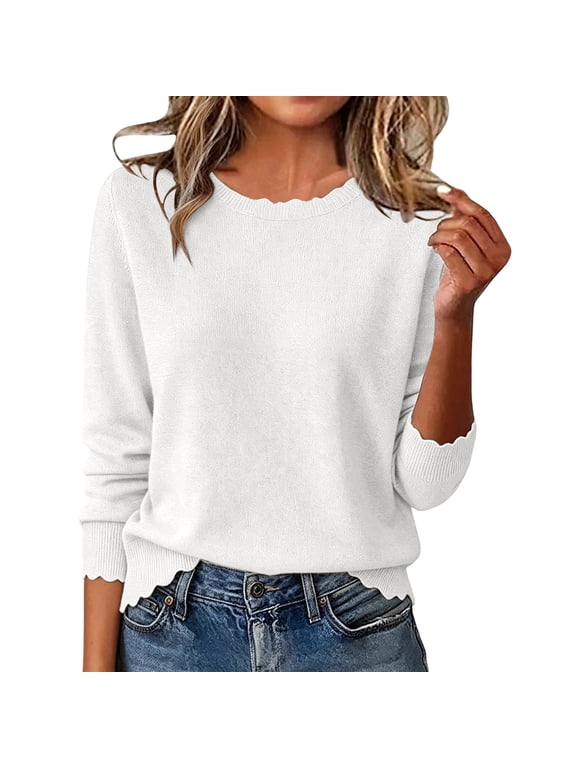 Sweaters for Women Scalloped Edge Round Neck Long Sleeve Lightweight Knit Pullover for Fall and Winter (White, XL)