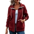 thumbnail image 1 of QIYAGBSA Sweatshirt for Women Zip Up Stand Collar Drawstring Front Pocket Ribbed Cuffs Casual Sportswear (Wine, L), 1 of 9