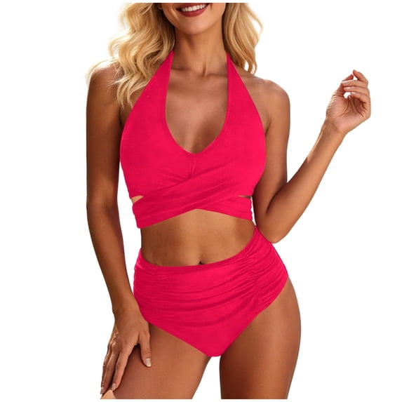 QIYAGBSA Swimsuit for Women 2 Piece Tankini Bathing Suit Halter Wrap Top High Waisted Ruched Bottom (Hot Pink XL)