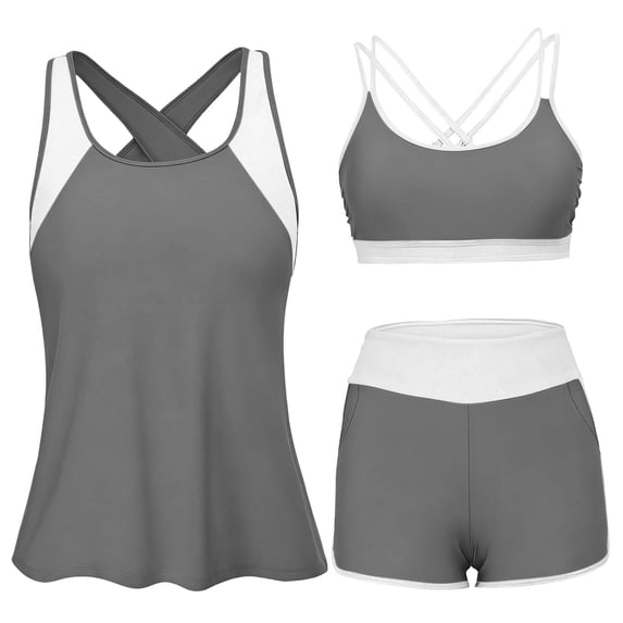 QIYAGBSA Swimsuit for Women 3 Piece Bathing Suit Tankini Set with Sport Bra Loose Top and Shorts (Gray L)