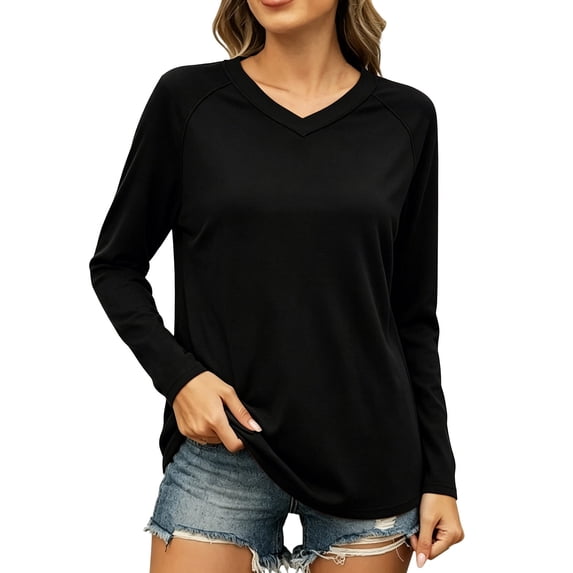 QIYAGBSA Tops for Women V Neck Raglan Sleeve Long Sleeve Solid Color Relaxed Fit Casual Basic Shirts for Fall Winter Everyday Wear Layering Blouses & Tops(Black, XL)