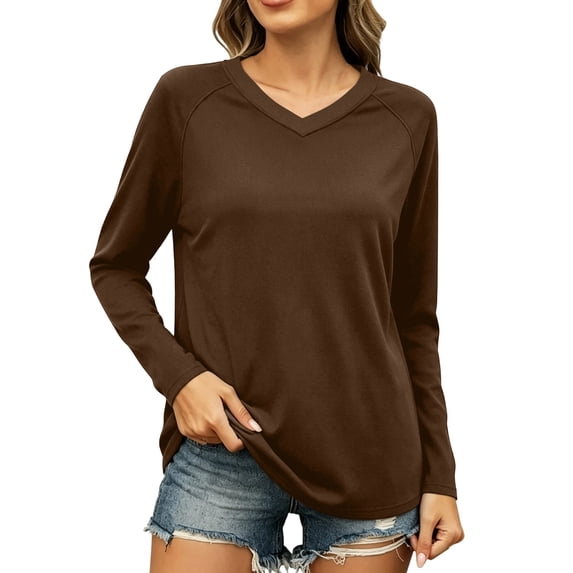 QIYAGBSA Tops for Women V Neck Raglan Sleeve Long Sleeve Solid Color Relaxed Fit Casual Basic Shirts for Fall Winter Everyday Wear Layering Blouses & Tops(Brown, S)