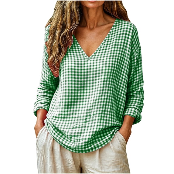 QIYAGBSA Tops for Women Gingham Checkered Long Sleeve Relaxed Fit Casual Shirts for Spring Fall Weekend Outings Blouses & Tops(Green, L)