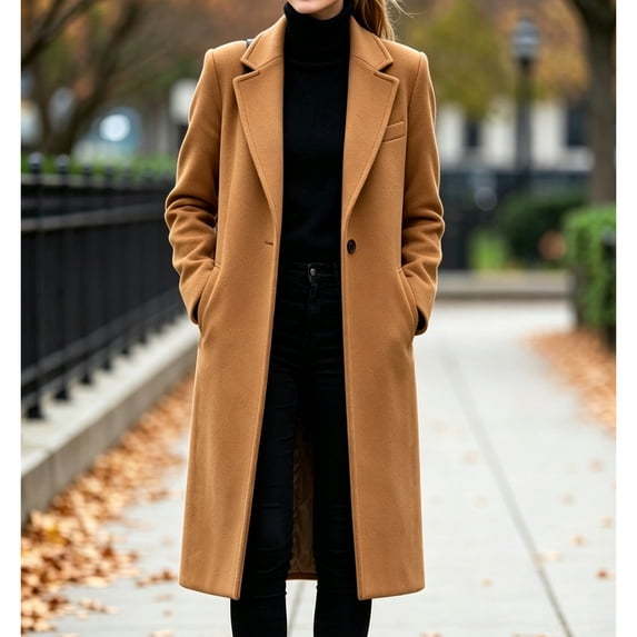 QIYAGBSA Trench Coat Women Soft Notched Lapel Collar Button Down Long Sleeve Fall Winter Warm Outerwear with Side Pockets Mid Calf Everyday Coverage (Coffee, 2XL)