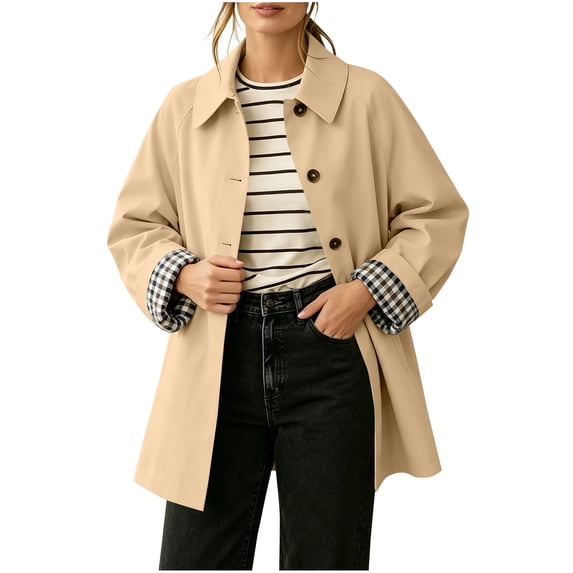QIYAGBSA Trench Coats for Women Plaid Lined Lapel Button Front Mid Length Lightweight Coat with Pockets for Cool Fall Spring Days