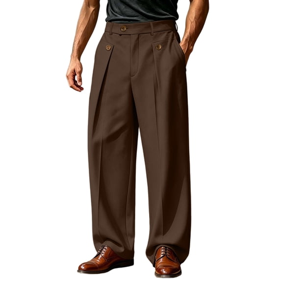 QIYAGBSA Trousers for Men High Waisted Straight Leg Dress Pants Pleated Front with Button Detail Belt Loops Business Casual Office Work Slacks