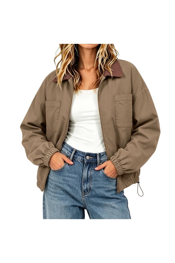Utility Jackets for Women Full Zip Contrast Collared Lightweight Long Sleeve Chest Patch Pockets Drawstring Hem Loose Fall Casual Everyday Outerwear