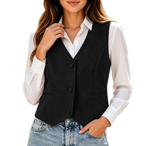 QIYAGBSA V Neck Button Up Vests for Women Sleeveless Fitted Waistcoat Layering Tops with Welt Pockets for Office Work Dressy Casual Fall