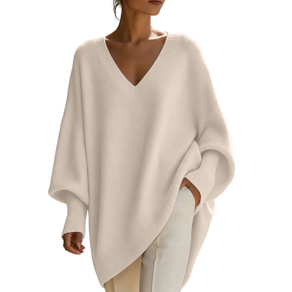 QIYAGBSA V Neck Sweaters for Women Oversized Batwing Long Sleeve Knit Pullover Relaxed Tunic Fit with Asymmetric Hem for Fall Winter Casual